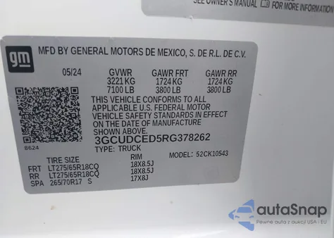 2024 Chevrolet Silverado 1500 4Wd Short Bed Custom Trail Boss z USA, uszkodzony, nr VIN 3GCUDCED5RG378262